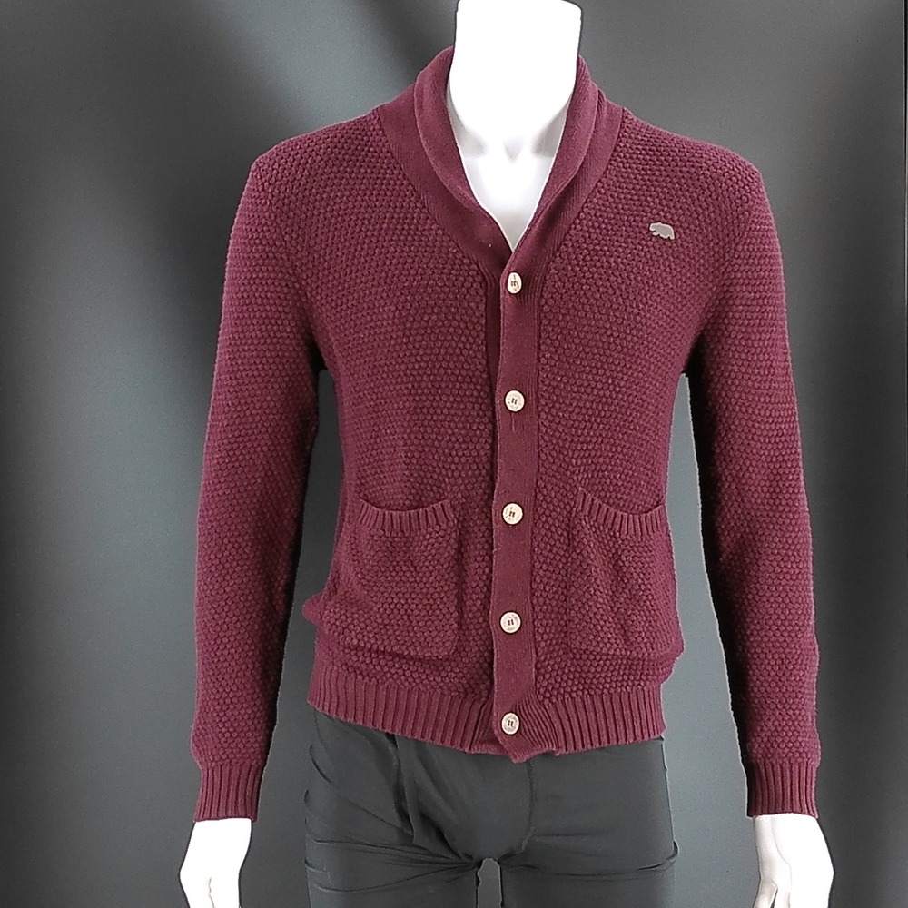 Lucky Brand Mens Burgundy Shawl Collar Button Front Knit Cardigan Sweater Bear
